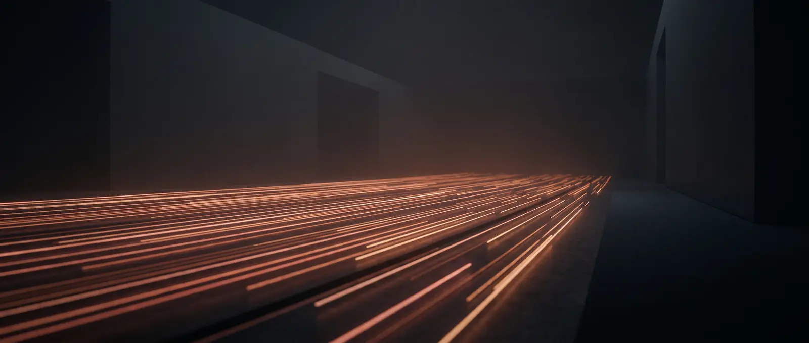 Streams of warm light converging through a dark hall, suggesting requests flowing at scale.